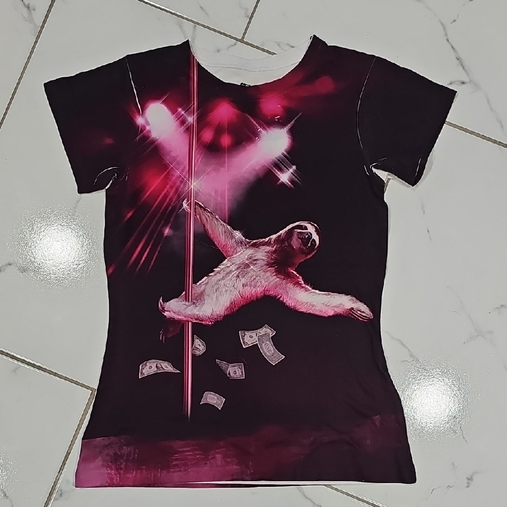 EUC Women’s Stripper Sloth Graphic T-Shirt | One-of-a-Kind | Black Cotton Tee